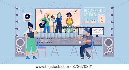 Recording Studio Flat Composition With Indoor View Of Music Record Label With Sound Engineer And Ban