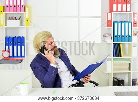 Verify Data. Business Management Professional. Chief Information Officer Speak On Phone. Smiling It 