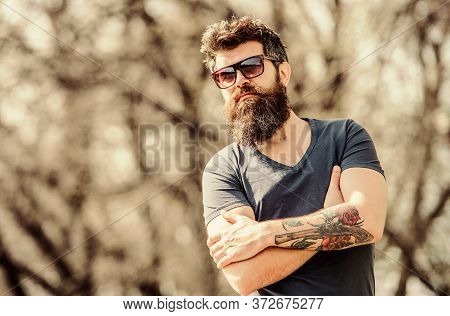 Man Bearded With Sunglasses Nature Background. Bearded Hipster Brutal Man Wear Protective Sunglasses
