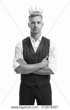 Ambitious And Successful. Big Boss Isolated On White. Handsome Man Wear Crown. Successful Businessma