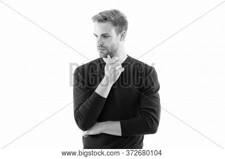 His Style Is Emulated By Many. Looking Trendy. Facial Care. Handsome Man Isolated On White. Unshaven