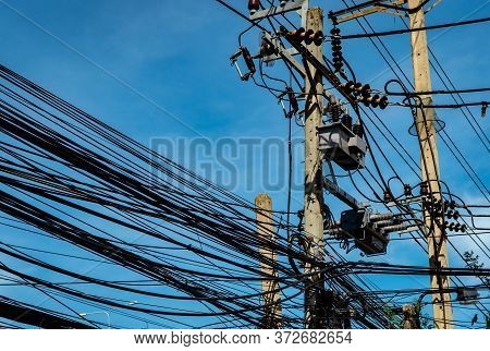 Three-phase Electric Power For Transfer Power By Electrical Grids. Electric Power For Support Manufa