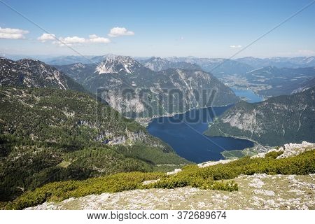View Of The Hallstatt And Lake Hallstatter See From The Mountain Krippenstein. Salzkammergut. Austri