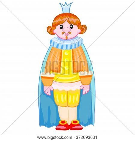 King With A Crown In The Mantle, Doll, Cartoon Illustration, Isolated Object On A White Background, 