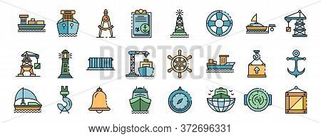 Marine Port Icons Set. Outline Set Of Marine Port Vector Icons Thin Line Color Flat On White