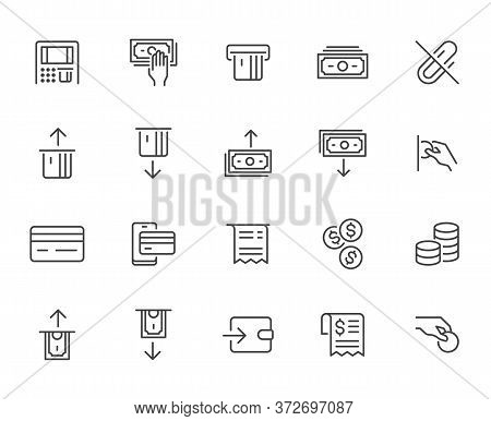Atm Machine Line Icon Set. Withdraw Money, Deposit, Hand Taking Cash, Receipt Minimal Vector Illustr