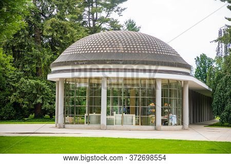 Podebrady, Czech Republic - 7.06.2020: Mineral Water Source In Famous Kolonada In Park In Podebrady,