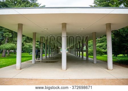 Podebrady, Czech Republic - 7.06.2020: Mineral Water Source In Famous Kolonada In Park, Podebrady In