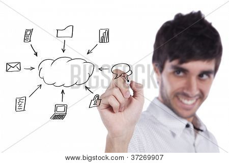 Businessman writing a cloud computing diagram on the whiteboard (selective focus)
