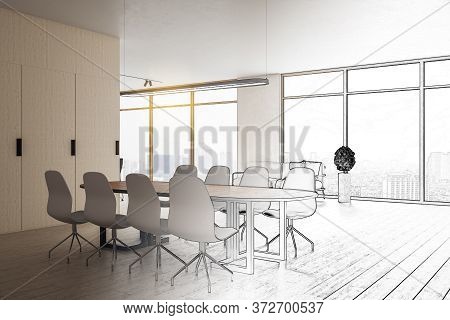 Drawing Meeting Room With Furniture And Panoramic City Viewl. Workplace And Company Concept. 3d Rend