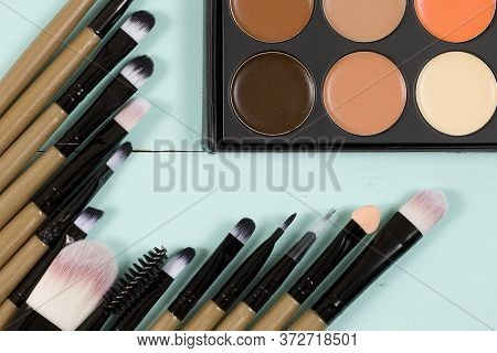 Make Up Set Soft Makeup Brushes And Maskara On Whight Background