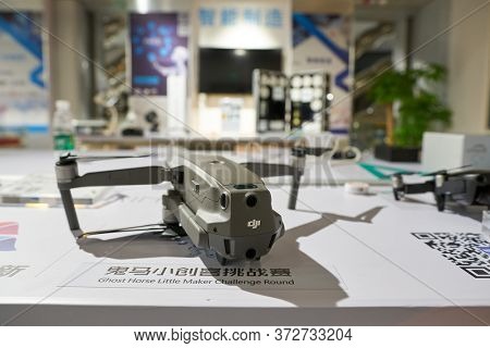 SHENZHEN, CHINA - CIRCA APRIL, 2019: DJI drone model on display as seen at China International Consumer Electronics Exchange/Exhibition Center (CEEC) at UpperHill in Shenzhen.