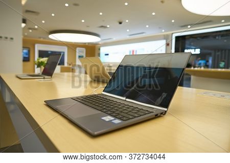 SHENZHEN, CHINA - CIRCA APRIL, 2019: Huawei laptops on display as seen in China International Consumer Electronics Exchange/Exhibition Center (CEEC) at UpperHill in Shenzhen.