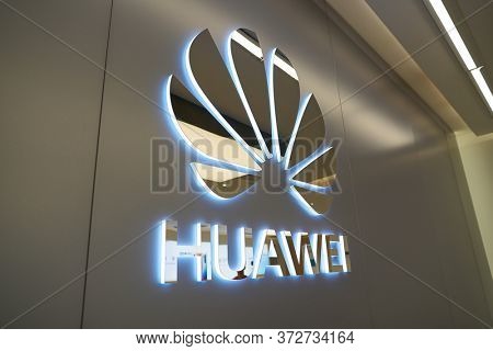 SHENZHEN, CHINA - CIRCA APRIL, 2019: close up shot of Huawei sign as seen in China International Consumer Electronics Exchange/Exhibition Center (CEEC) at UpperHill in Shenzhen.