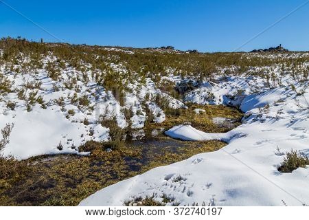 Winter landscape with snow in mountains of Serra do Xures natural park, Galicia, Spain