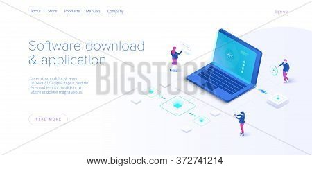 Software Download And Application Isometric Vector Illustration. Programmers And Engeneers Working O
