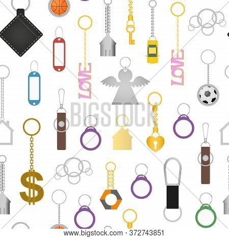 Cartoon Color Keychains Seamless Pattern Background On A White Include Breloque Of Heart, Key, Home,