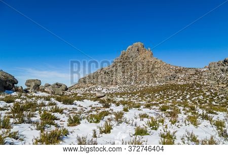 Winter landscape with snow in mountains of Serra do Xures natural park, Galicia, Spain