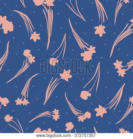 Vector Pink Flowers, Dots, Blue Seamless Pattern