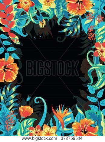 Banner With Tropical Leaves And Flowers. Isolated On White.