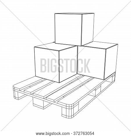 Cargo Pallet For Warehouse With Stacked Goods Cardboard Boxes. Logistics Shipping Concept. Wireframe