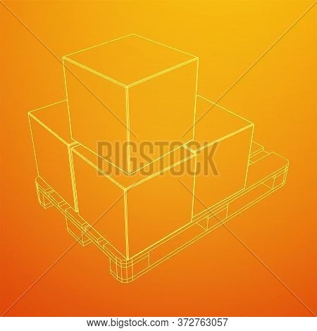 Cargo Pallet For Warehouse With Stacked Goods Cardboard Boxes. Logistics Shipping Concept. Wireframe