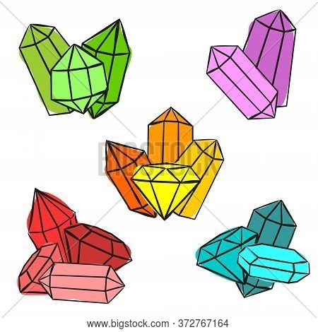 Compositions Of Bright Crystals. Sets Of Hand-drawn Gems, Diamonds, Emeralds And Rubies. Vector Illu
