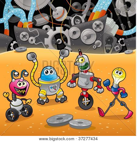 Robotar med bakgrund. Tecknad och vektor illustration.