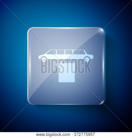 White Luxury Limousine Car And Carpet Icon Isolated On Blue Background. For World Premiere Celebriti