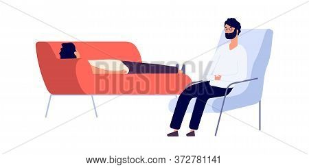 Psychotherapist And Patient. Flat Man On Psychotherapy Session. Psychologist Consulting Depressed Gu
