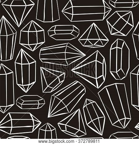 Black And White Seamless Vector Pattern With Crystals And Stars. Hand-drawn Gemstones, Diamonds, Dia