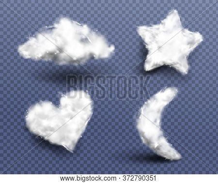 Realistic Cotton Wool, Clouds Or Wadding Balls Set Isolated On Transparent Background. Smooth Soft P