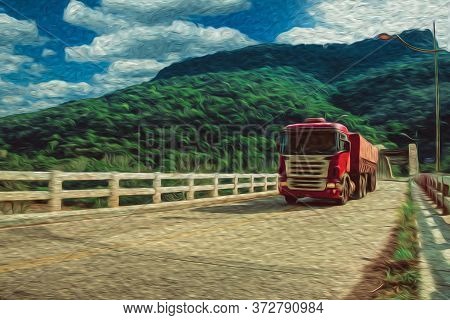 Bento Gonçalves, Brazil - July 10, 2019. Truck Passing By A Concrete Bridge Near Bento Gonçalves. A 