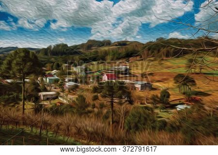 Charming Country Houses Going Up The Hill In A Valley With Road And Wooded Landscape Near Bento Gonç