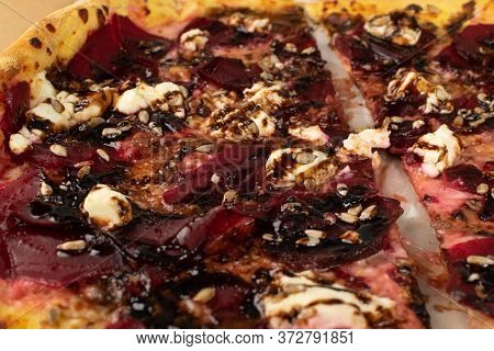 Egetarian Beetroot Pizza With Cheese, Sliced Pickled Beet, Nuts