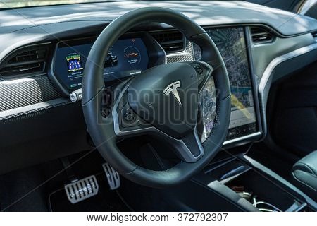 Hossegor, France, 22.06.2020 . Tesla Dashboard. Car Interior Details. Luxury Beauty Concept.