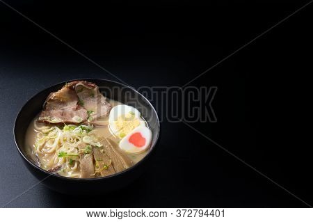Delicious Tonkotsu Ramen, Japanese Noodle In Pork Bone Based Soup Topped With Sliced Chashu Pork, Bo