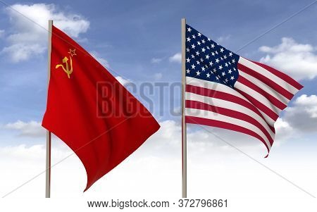 Ussr Flag And Usa Flag On A Sky Background, 3d Render.