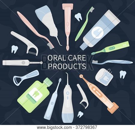 Flat Vector Illustration Set Of Electric Toothbrush, Toothpaste, Floss, Irrigator, Waterpick, Mouthw