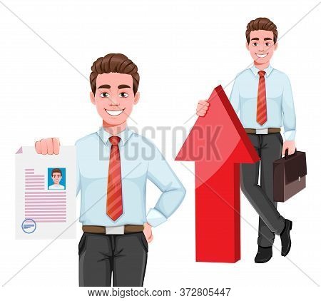 Successful Business Man, Set Of Two Poses. Handsome Businessman In Business Clothes. Cheerful Cartoo