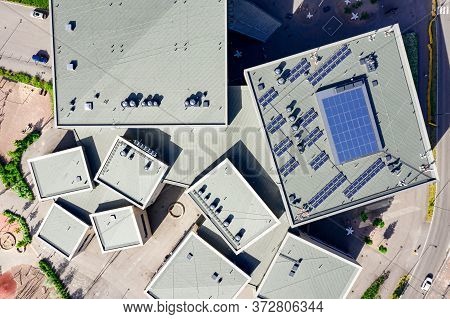 Aerial View Of The Roof Of School Building In Suurpelto District, Espoo, Finland.