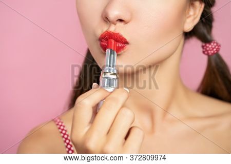 Beauty Concept, Half Face Of Woman, Only Lips, Lower Part Of Face. Woman Putting On Makeup, Painting