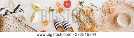 Summer Mood Layout With Accessories And Fruits, Wide Composition
