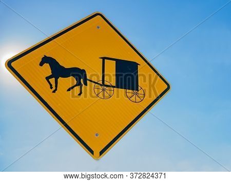 Amish Traditional Horse And Buggy Road Sign In Lancaster County Pennsylvania, Usa.