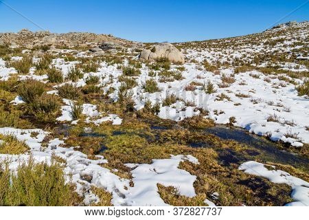 Winter landscape with snow in mountains of Serra do Xures natural park, Galicia, Spain