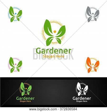 Herb Gardener Logo With Green Garden Environment Or Botanical Agriculture Design Illustration