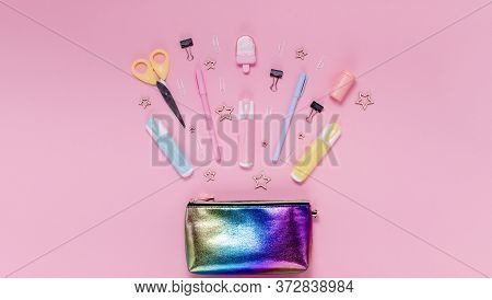 Back To School Concept Notepad, Pencil Case, Stationery And School Supplies. Top Horizontal View Cop