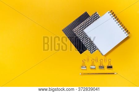 Back To School Concept Notepad, Pencil Case, Stationery And School Supplies. Top Horizontal View Cop