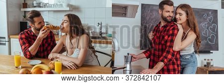 Of Happy Young Couple Making Coffee In Geyser Coffee Maker And Having Breakfast In Kitchen, Horizont