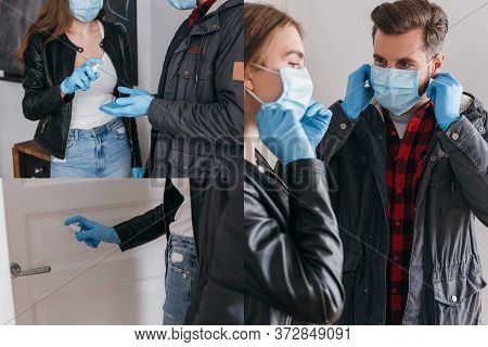 Of Young Couple Putting On Medical Masks And Using Antiseptic Spray Before Leaving Home